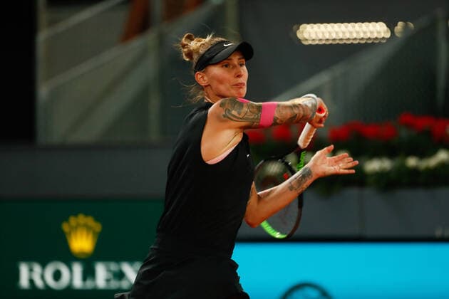 April 28, 2021, MADRID, MADRID, SPAIN: Polona Hercog of Slovenia in action during her Women s Singles Qualifying match against Bernarda Pera of United States during the WTA, Tennis Damen 1000 - Mutua Madrid Open 2021 at La Caja Magica on April 28, 2021 in Madrid, Spain. MADRID SPAIN - ZUMAa181 20210428_zaa_a181_124 Copyright: xOscarxJ.xBarrosox