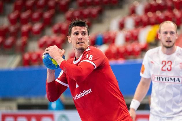 28 04 2021, Winterthur, Axa Arena, Handball European Championship Qualification Switzerland Denmark, 2 Andy Schmid Switzerland at Penalty Shootout Winterthur Axa Arena Zurich Switzerland  Copyright: xJustPictures.ch VedranxGalijasx