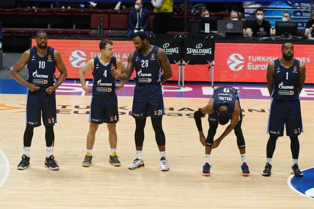 Saint Petersburg, Russia - 28 April 2021: Tarik Black (28) and Kevin Pangos (4) of Zenit are seen in action during the 2020-2021 Playoffs Turkish Airlines EuroLeague, match 3 between FC Barcelona, Barca and Zenit. MaksimxKonstantinov