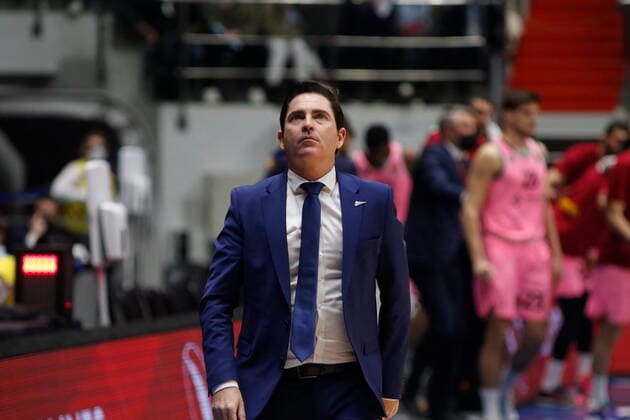 Saint Petersburg, Russia - 28 April 2021: Head coach of Zenit basketball club Javier Pascual are seen in action during the 2020-2021 Playoffs Turkish Airlines EuroLeague, match 3 between FC Barcelona, Barca and Zenit. MaksimxKonstantinov