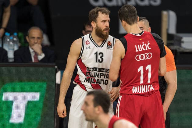 Basketball, Euroleague, day0 04 2021, FC Bayern Munich Armani Olimpia Milan Pictured Sergio RODRIGUEZ Armani Olimpia Milan, 13 and Vladimir LUCIC FC Bayern Munich, 11 disagreement Munich Audi Dome Bayern Germany. Copyright: Passion2Press.dex xMarkusxFischerx