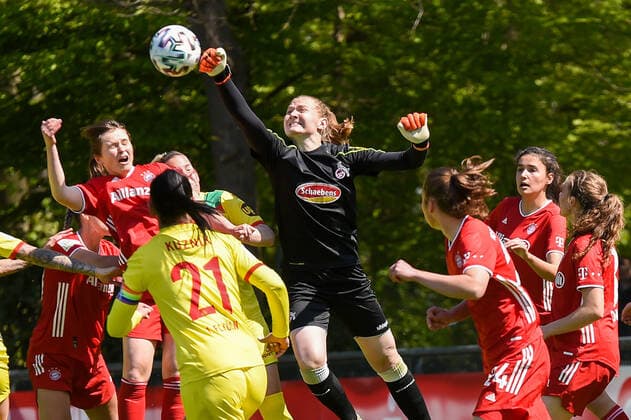 Manon Klett Goalkeeper Cologne, 30 with fist defense, parries the ball, save, holds the ball, action, action, 28 04 2021, Cologne Germany , Football, 2 Women Bundesliga South, 1 FC Cologne Bayern Munich II, DFB DFL REGULATES PROHIBIT ANY USE OF PHOTOGRAPHS AS IMAGE SEQUENCES AND OR QUASI VIDEO xmhx