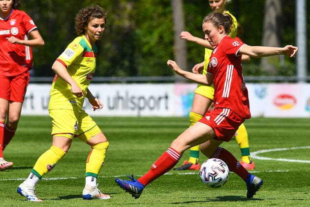 v li Anja Pfluger Köln, 20 , Annika Wohner FCB II, 8 , Zweikampf, Duell, duel, tackle, tackling, Dynamik, Action, Aktion, 28 04 2021, Köln Deutschland , Fussball, 2 Frauen Bundesliga Süd, 1 FC Köln Bayern München II, DFB DFL REGULATIONS PROHIBIT ANY USE OF PHOTOGRAPHS AS IMAGE SEQUENCES AND OR QUASI VIDEO xmhx