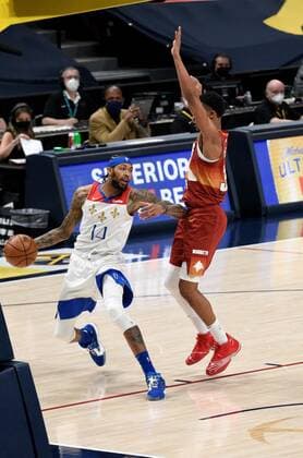 New Orleans Pelicans forward Brandon Ingram 14 (L) defends the ball against Denver Nuggets guard PJ Dozier 35 (R) during a NBA, Basketball Herren, USA game at the Ball Arena in Denver, CO, USA, 28 April 2021. New Orleans Pelicans at Denver Nuggets !ACHTUNG: NUR REDAKTIONELLE NUTZUNG!  Copyright: xToddxPiersonx AME3587 20210429-637552752637253796