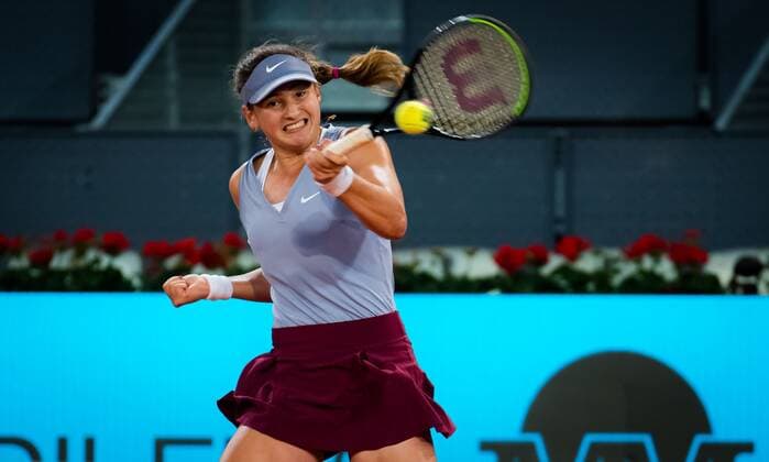 Mandatory Credit: Photo by Rob Prange Shutterstock (11876051t) Victoria Jimenez Kasintseva of Andorra in action during the first round of the 2021 Mutua Madrid Open WTA, Tennis Damen 1000 tournament Mutua Madrid Open, Tennis, La Caja Magica, Madrid, Spain - 29 Apr 2021 Mutua Madrid Open, Tennis, La Caja Magica, Madrid, Spain - 29 Apr 2021  Copyright: xRobxPrange Shutterstockx 11876051t