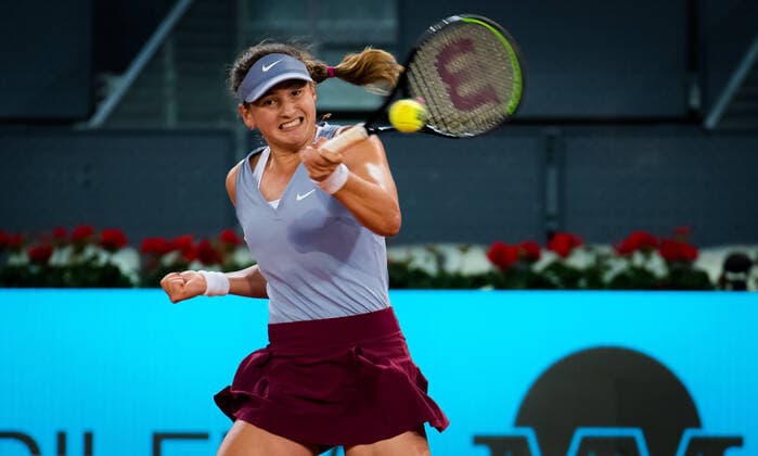 April 29, 2021, MADRID, MADRID, SPAIN: Victoria Jimenez Kasintseva of Andorra in action during the first round of the 2021 Mutua Madrid Open WTA, Tennis Damen 1000 tournament against Kiki Bertens of the Netherlands MADRID SPAIN - ZUMAa181 20210429_zaa_a181_025 Copyright: xRobxPrangex