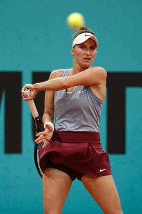 April 29, 2021, MADRID, MADRID, SPAIN: Marketa Vondrousova of Czech Republic in action during her Women s Singles match against Angelique Kerber of Germany during the WTA, Tennis Damen 1000 - Mutua Madrid Open 2021 at La Caja Magica on April 29, 2021 in Madrid, Spain. MADRID SPAIN - ZUMAa181 20210429_zaa_a181_056 Copyright: xOscarxJ.xBarrosox