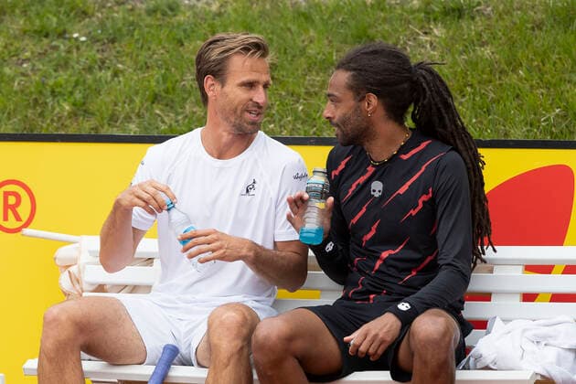 Dustin Brown and Peter Gojowczyk sit on the bench during the break in play, Mens Doubles Tennis BMW Open 2021 ATP MTTC Iphitos Munich Germany 29 April 2021 Copyright: xJuergenxHasenkopfx
