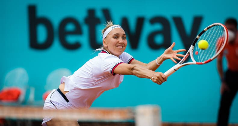 April 29, 2021, MADRID, MADRID, SPAIN: Elena Vesnina of Russia in action during the first round of the 2021 Mutua Madrid Open WTA, Tennis Damen 1000 tournament against Veronika Kudermetova of Russia MADRID SPAIN - ZUMAa181 20210429_zaa_a181_106 Copyright: xRobxPrangex