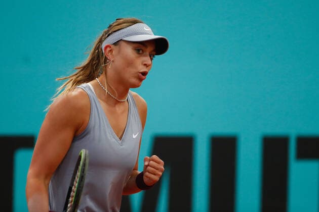 April 29, 2021, MADRID, MADRID, SPAIN: Paula Badosa of Spain celebrates a point during her Women s Singles match against Barbora Krejcikova of Czech Republic during the WTA, Tennis Damen 1000 - Mutua Madrid Open 2021 at La Caja Magica on April 29, 2021 in Madrid, Spain. MADRID SPAIN - ZUMAa181 20210429_zaa_a181_141 Copyright: xOscarxJ.xBarrosox