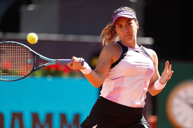 April 29, 2021, MADRID, MADRID, SPAIN: Danka Kovinic of Montenegro in action during her Women s Singles match against Sloane Stephens of United States during the WTA, Tennis Damen 1000 - Mutua Madrid Open 2021 at La Caja Magica on April 29, 2021 in Madrid, Spain. MADRID SPAIN - ZUMAa181 20210429_zaa_a181_175 Copyright: xOscarxJ.xBarrosox