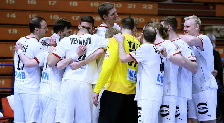 29.04.2021 Bugojno Bosnia Herzegovina-Germany EHF 2022 European qualifiers men s handball Kai HÄFNER,Finn Lemke,Patrick Wiencek Germany celebrate victory match :Str