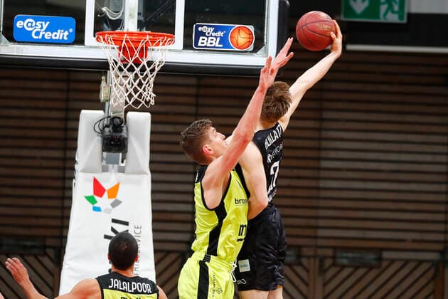 31 Matchday of the easyCredit BBL Basketball Bundesliga on 29 April 2021at the Oberfrankenhalle in Bayreuth Bavaria Germany season 2020 2021 Medi Bayreuth vs Basketball Hamburg Towers Andreas Seiferth Medi Bayreuth 11 left Justus Hollatz Hamburg Towers 21 right