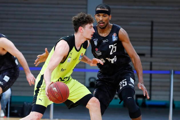 31 Matchday of the easyCredit BBL Basketball Bundesliga on 29 April 2021at the Oberfrankenhalle in Bayreuth Bavaria Germany season 2020 2021 Medi Bayreuth vs Basketball Hamburg Towers Kay Bruhnke Medi Bayreuth 9 left Terry Allen Hamburg Towers 25 right