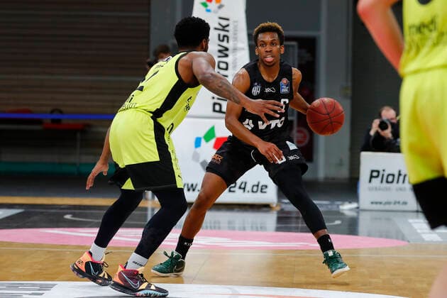 31 Matchday of the easyCredit BBL Basketball Bundesliga on 29 April 2021in the Oberfrankenhalle in Bayreuth Bavaria Germany season 2020 2021 Medi Bayreuth vs Basketball Hamburg Towers Lazeric Jones Medi Bayreuth 12 left TJ Shorts Hamburg Towers 0 right