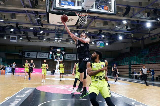 31 Matchday of the easyCredit BBL Basketball Bundesliga on 29 April 2021at the Oberfrankenhalle in Bayreuth Bavaria Germany Season 2020 2021 Medi Bayreuth vs Basketball Hamburg Towers Lazeric Jones Medi Bayreuth 12 right Maik Kotsar Hamburg Towers 11 left