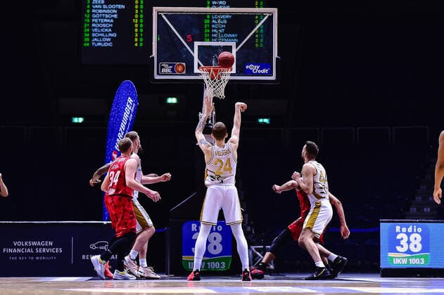 Basketball Men easyCredit BBL 31 Matchday Basketball Lions Braunschweig s Oliver Würzburg on 28 04 2021 at the Volkswagen Halle in Braunschweig Gavin Schilling Basketball Loewen Braunschweig xMNx