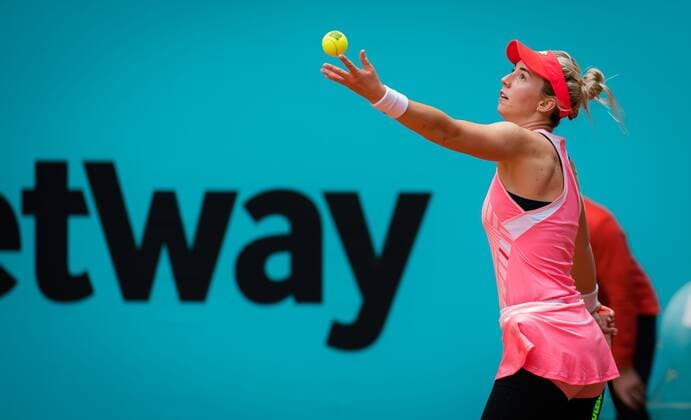 Mandatory Credit: Photo by Rob Prange Shutterstock (11876061l) Nina Stojanovic of Serbia in action during the first round of the 2021 Mutua Madrid Open WTA, Tennis Damen 1000 tournament Mutua Madrid Open, Tennis, La Caja Magica, Madrid, Spain - 30 Apr 2021 Mutua Madrid Open, Tennis, La Caja Magica, Madrid, Spain - 30 Apr 2021  Copyright: xRobxPrange Shutterstockx 11876061l