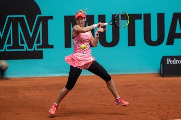Serbian tennis player Nina Stojanovic hits the ball against Estonian Anett Kontaveit during their Mutua Madrid Open tournament s first round match at Caja Magica complex, in Madrid, Spain, 30 April 2021. Mutua Madrid Open tournament !ACHTUNG: NUR REDAKTIONELLE NUTZUNG!  Copyright: xRodrigoxJimenezx GRAF5547 20210430-637553904957187208