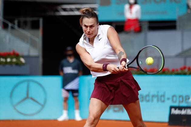 April 30, 2021, MADRID, MADRID, SPAIN: Aryna Sabalenka of Belarus in action during his Women s Singles match against Vera Zvonareva of Russia on day two of the WTA, Tennis Damen 1000 - Mutua Madrid Open 2021 at La Caja Magica on April 30, 2021 in Madrid, Spain MADRID SPAIN - ZUMAa181 20210430_zaa_a181_019 Copyright: xOscarxJ.xBarrosox