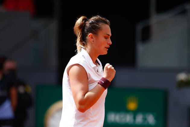 April 30, 2021, MADRID, MADRID, SPAIN: Aryna Sabalenka of Belarus in action during his Women s Singles match against Vera Zvonareva of Russia on day two of the WTA, Tennis Damen 1000 - Mutua Madrid Open 2021 at La Caja Magica on April 30, 2021 in Madrid, Spain MADRID SPAIN - ZUMAa181 20210430_zaa_a181_021 Copyright: xOscarxJ.xBarrosox
