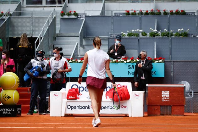 April 30, 2021, MADRID, MADRID, SPAIN: Aryna Sabalenka of Belarus in action during his Women s Singles match against Vera Zvonareva of Russia on day two of the WTA, Tennis Damen 1000 - Mutua Madrid Open 2021 at La Caja Magica on April 30, 2021 in Madrid, Spain MADRID SPAIN - ZUMAa181 20210430_zaa_a181_027 Copyright: xOscarxJ.xBarrosox