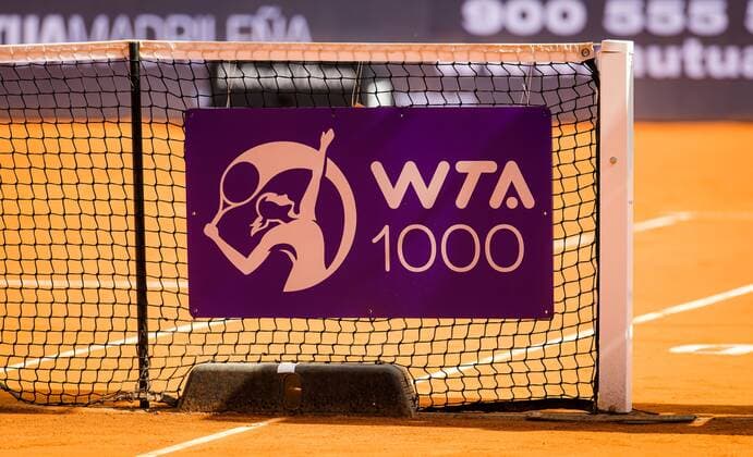 Mandatory Credit: Photo by Rob Prange Shutterstock (11876061bv) WTA, Tennis Damen Logo during the first round of the 2021 Mutua Madrid Open WTA 1000 tournament Mutua Madrid Open, Tennis, La Caja Magica, Madrid, Spain - 30 Apr 2021 Mutua Madrid Open, Tennis, La Caja Magica, Madrid, Spain - 30 Apr 2021  Copyright: xRobxPrange Shutterstockx 11876061bv