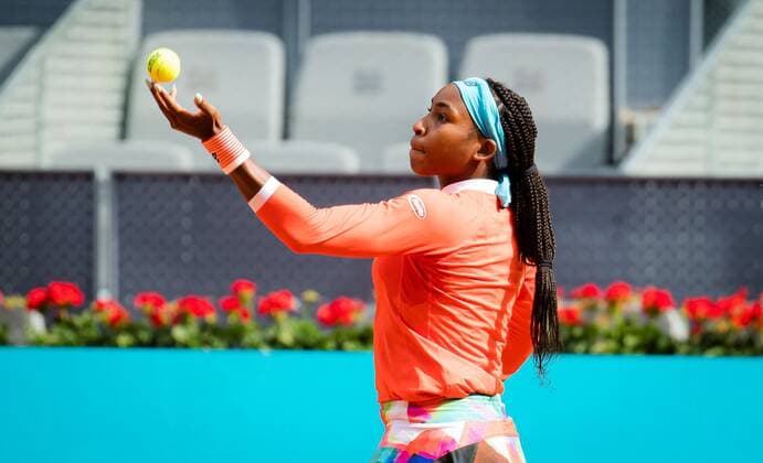 Mandatory Credit: Photo by Rob Prange Shutterstock (11876061br) Cori Gauff of the United States in action during the first round of the 2021 Mutua Madrid Open WTA, Tennis Damen 1000 tournament Mutua Madrid Open, Tennis, La Caja Magica, Madrid, Spain - 30 Apr 2021 Mutua Madrid Open, Tennis, La Caja Magica, Madrid, Spain - 30 Apr 2021  Copyright: xRobxPrange Shutterstockx 11876061br