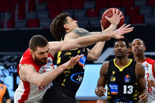 BAMBERG 30 04 2021 Basketball easycredit 1 Basketball Bundesliga 31 Matchday Brose Bamberg vs MHP Riesen Luswigsburg Christian Sengfelder 43, Brose Bamberg fouls Jonah Radebaugh 12, MHP Riesen Ludwigsburg Photo Hans Martin Issler isslerimages Brose Bamberg vs MHP Riesen Luswigsburg
