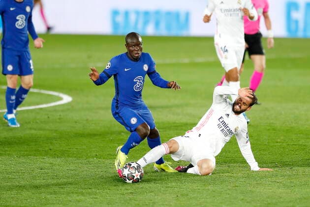(L-R) N Golo Kante (Chelsea), Nacho (Real), APRIL 27, 2021 - Football Soccer : UEFA Champions League Semi-finals 1st leg match between Real Madrid CF 1-1 Chelsea FC at the Estadio Alfredo Di Stefano in Madrid, Spain. Noxthirdxpartyxsales  (0117027266st)