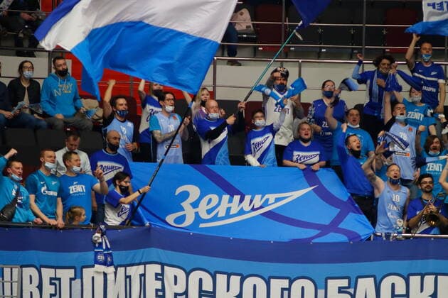 Saint Petersburg, Russia - 30 April 2021: Fans and viewers of Zenit are seen in action during the 2020-2021 Playoffs EuroLeague, match 4 between FC Barcelona, Barca and Zenit. MaksimxKonstantinov