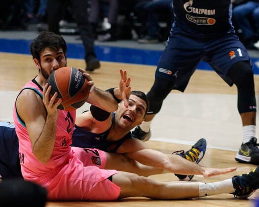 Saint Petersburg, Russia - 30 April 2021: Alex Abrines (21) of Barcelona and Billy Baron (12) of Zenit are seen in action during the 2020-2021 Playoffs EuroLeague. MaksimxKonstantinov