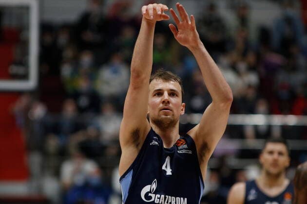Saint Petersburg, Russia - 30 April 2021: Kevin Pangos (4) of Zenit are seen in action during the 2020-2021 Playoffs EuroLeague, match 4 between FC Barcelona, Barca and Zenit. MaksimxKonstantinov