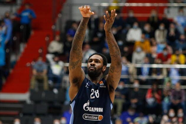Saint Petersburg, Russia - 30 April 2021: Tarik Black (28) of Zenit are seen in action during the 2020-2021 Playoffs EuroLeague, match 4 between FC Barcelona, Barca and Zenit. MaksimxKonstantinov