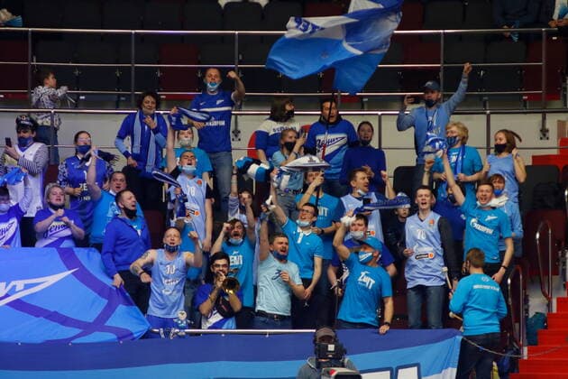 Saint Petersburg, Russia - 30 April 2021: Fans and viewers of Zenit are seen in action during the 2020-2021 Playoffs EuroLeague, match 4 between FC Barcelona, Barca and Zenit. MaksimxKonstantinov