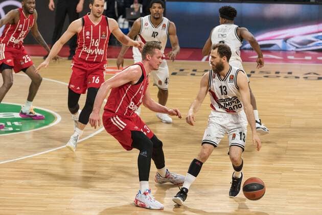 Basketball, Euroleague, day0 04 2021, FC Bayern Munich Armani Olimpia Milan Pictured Leon RADOSEVIC FC Bayern Munich, 43 and Sergio RODRIGUEZ Armani Olimpia Milan, 13 dribbling ball Munich Audi Dome Bayern Germany. Copyright: Passion2Press.dex xMarkusxFischerx