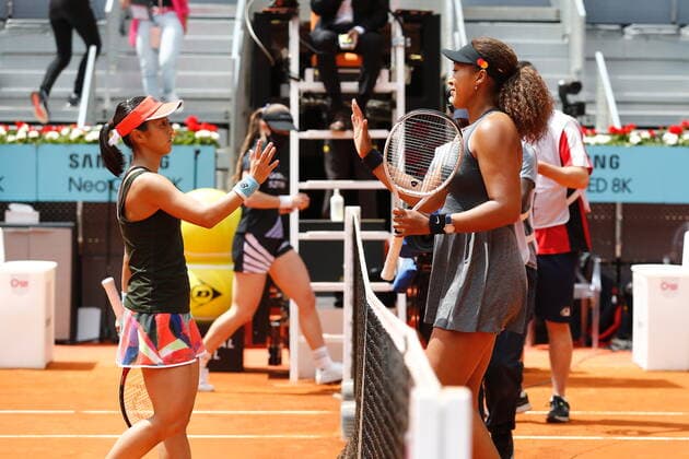 (L-R) Misaki Doi, Naomi Osaka (JPN), APRIL 30, 2021 - Tennis : Doi and Osaka after Singles 1st round match on the WTA, Tennis Damen 1000 Mutua Madrid Open tennis tournament at the Caja Magica in Madrid, Spain. Noxthirdxpartyxsales  (0117029418st)