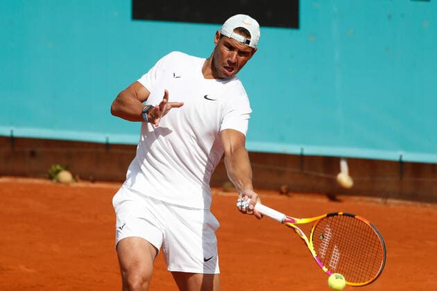 May 1, 2021, MADRID, MADRID, SPAIN: Rafael Nadal of Spain in action during his practice session for the ATP, Tennis Herren Masters 1000 - Mutua Madrid Open 2021 at La Caja Magica on May 1, 2021 in Madrid, Spain. MADRID SPAIN - ZUMAa181 20210501_zaa_a181_006 Copyright: xOscarxJ.xBarrosox