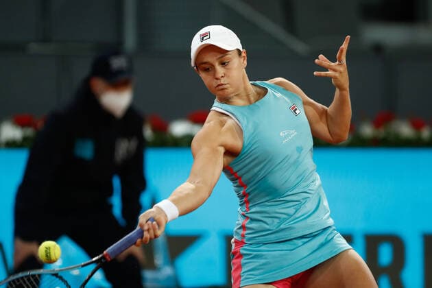May 1, 2021, MADRID, MADRID, SPAIN: Ashleigh Barty of Australia in action during her Women s Singles match, second round, against Tamara Zidansek of Slovenia on the WTA, Tennis Damen 1000 - Mutua Madrid Open 2021 at La Caja Magica on May 1, 2021 in Madrid, Spain. MADRID SPAIN - ZUMAa181 20210501_zaa_a181_036 Copyright: xOscarxJ.xBarrosox