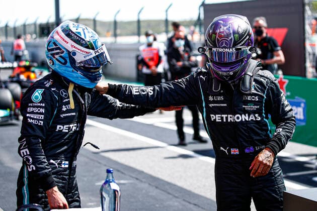 BOTTAS Valtteri (fin), Mercedes AMG F1 GP W12 E Performance, HAMILTON Lewis (gbr), Mercedes AMG F1 GP W12 E Performance, portrait during the Formula 1 Heineken Grande PrŽmio de Portugal 2021 from April 30 to May 2, 2021 on the Algarve International Circuit, in Portimao, Portugal FORMULE 1 : Grand Prix du Portugal - Essais et Qualification - Portimao - 01 05 2021 DPPI Panoramic  _B2_0692