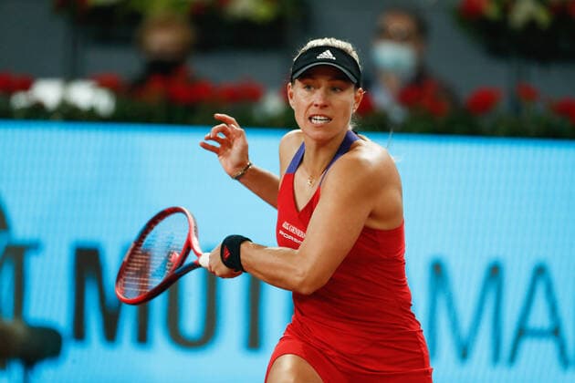 May 1, 2021, MADRID, MADRID, SPAIN: Angelique Kerber of Germany in action during her Women s Singles match, second round, against Petra Kvitova of Czech Republic on the WTA, Tennis Damen 1000 - Mutua Madrid Open 2021 at La Caja Magica on May 1, 2021 in Madrid, Spain. MADRID SPAIN - ZUMAa181 20210501_zaa_a181_120 Copyright: xOscarxJ.xBarrosox