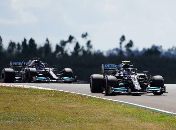 FORMULA 1 HEINEKEN PORTUGUESE GRAND PRIX 2021 01 05 2021, Autodromo Internacional do Algarve, Portimao, FORMULA 1 HEINEKEN PORTUGUESE GRAND PRIX 2021,in the picture Valtteri Bottas FIN 77 , Mercedes AMG Petronas Formula One Team in front of his team mate Lewis Hamilton GBR 44 , Mercedes AMG Petronas Formula One Team nordphotoxGmbHx xBratic nph00250