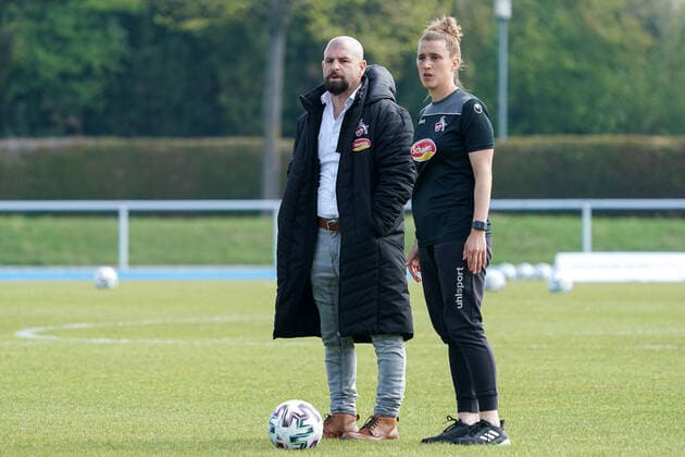 f l Sascha Glass Trainer, Head Coach, 1 FC Köln and Mirella Junker Co Trainer, 1 FC Köln before the match, 02 05 2021, Sinsheim Germany , Football, 2 Frauen Bundesliga Süd, TSG 1899 Hoffenheim II U20 1 FC Köln, DFB DFL REGULATIONS PROHIBIT ANY USE OF PHOTOGRAPHS AS IMAGE SEQUENCES AND OR QUASI VIDEO xozx