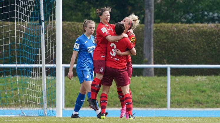 f li Alicia Gudorf Cologne, 12 , goal scorer Mandy Islacker Cologne, 8 and Sabrina Horvat Cologne, 3 , players of 1 FC Cologne, jubilate about the goal to 0 1, jubilation, goal jubilation, goal success, celebrate the goal, goal, celebration, jubilation about the goal, optimistic, game scene, highlight, action, 02 05 2021, Sinsheim Germany , football, 2 Frauen Bundesliga Süd, TSG 1899 Hoffenheim II U20 1 FC Köln, DFB DFL REGULATES PROHIBIT ANY USE OF PHOTOGRAPHS AS IMAGE SEQUENCES AND OR QUASI VIDEO xozx