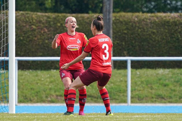 f li Goal scorer Mandy Islacker Cologne, 8 and Sabrina Horvat Cologne, 3 , players of 1 FC Cologne, jubilate about the goal to 0 1, jubilation, goal jubilation, goal success, celebrate the goal, goal, celebration, jubilation about the goal, optimistic, match scene, highlight, action, 02 05 2021, Sinsheim Germany , football, 2 Frauen Bundesliga Süd, TSG 1899 Hoffenheim II U20 1 FC Köln, DFB DFL REGULATES PROHIBIT ANY USE OF PHOTOGRAPHS AS IMAGE SEQUENCES AND OR QUASI VIDEO xozx