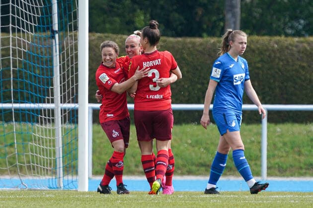 f li Alicia Gudorf Cologne, 12 , goal scorer Mandy Islacker Cologne, 8 and Sabrina Horvat Cologne, 3 , players of 1 FC Cologne, jubilate about the goal to 0 1, jubilation, goal jubilation, goal success, celebrate the goal, goal, celebration, jubilation about the goal, optimistic, game scene, highlight, action, 02 05 2021, Sinsheim Germany , football, 2 Frauen Bundesliga Süd, TSG 1899 Hoffenheim II U20 1 FC Köln, DFB DFL REGULATES PROHIBIT ANY USE OF PHOTOGRAPHS AS IMAGE SEQUENCES AND OR QUASI VIDEO xozx