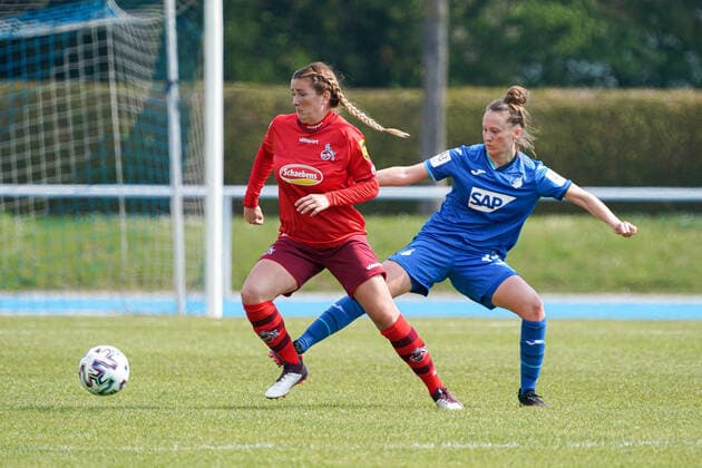v li Rachel Rinast Köln, 31 , Sophie Riepl TSG II, 33 , Duel, duel, tackle, tackling, dynamic, action, action, 02 05 2021, Sinsheim Germany , Football, 2 Frauen Bundesliga Süd, TSG 1899 Hoffenheim II U20 1 FC Köln, DFB DFL REGULATIONS PROHIBIT ANY USE OF PHOTOGRAPHS AS IMAGE SEQUENCES AND OR QUASI VIDEO xozx