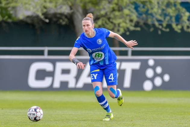 PGB Stadion Heleen Jaques (4) of AA Gent pictured during a female soccer game between AA Gent Ladies and Oud Heverlee Leuven on the fourth matchday of play off 1 in the 2020 - 2021 season of Belgian Scooore Womens Super League , saturday 1 st of May 2021 in Oostakker , Belgium . PHOTO SPORTPIX.BE SPP STIJN AUDOOREN * Not for Use and Sale in Belgium * Sportpix.be SPP Stijn Audooren BELGIUM SOCCER WOMEN SUPERLEAGUE PO1 D4 GENT VS OHL 