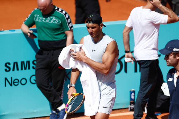 May 2, 2021, MADRID, MADRID, SPAIN: Rafael Nadal of Spain in action during his practice session for the ATP, Tennis Herren Masters 1000 - Mutua Madrid Open 2021 at La Caja Magica on May 2, 2021 in Madrid, Spain. MADRID SPAIN - ZUMAa181 20210502_zaa_a181_015 Copyright: xOscarxJ.xBarrosox