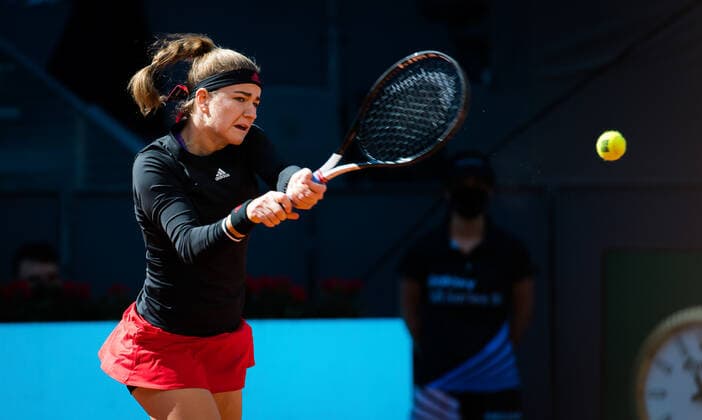 May 2, 2021, MADRID, MADRID, SPAIN: Karolina Muchova of the Czech Republic in action during the second round of the 2021 Mutua Madrid Open WTA, Tennis Damen 1000 tournament against Naomi Osaka of Japan MADRID SPAIN - ZUMAa181 20210502_zaa_a181_077 Copyright: xRobxPrangex